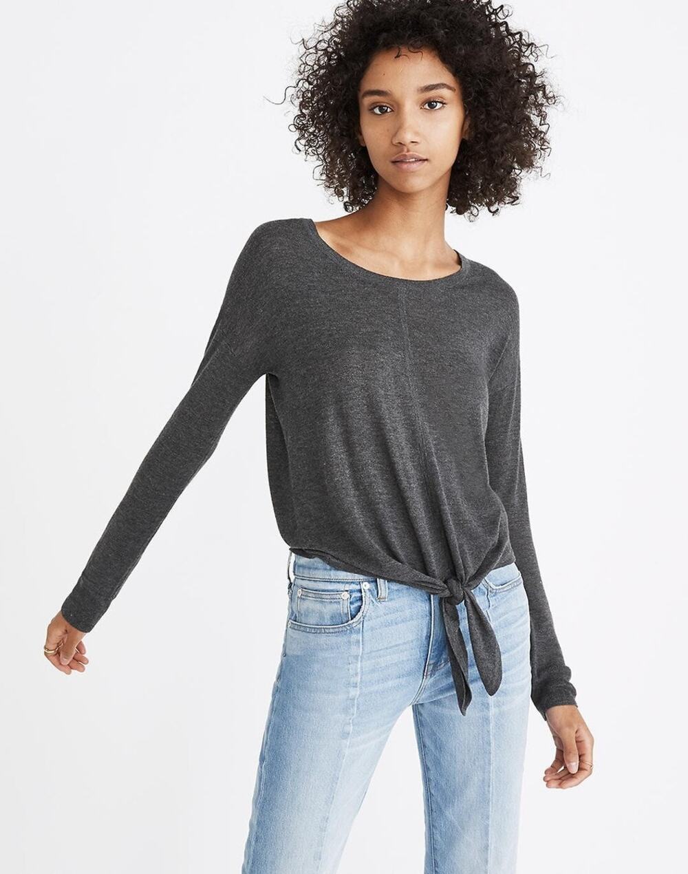 Madewell Wide Neck Sweater Tie Front Medium Grey Soft Cozy Relaxed Fit Capsule